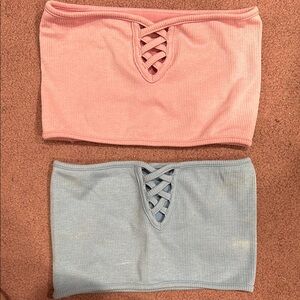 Pink and Blue Ribbed Bandeau with Lace-Up Detail